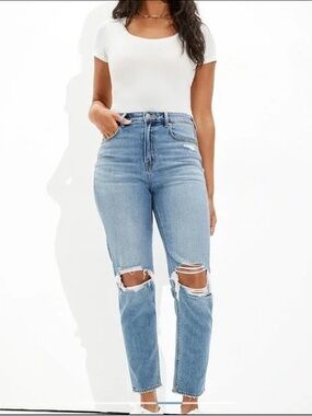 AE Curvy Long High-Rise Light Wash Distressed Mom Jeans